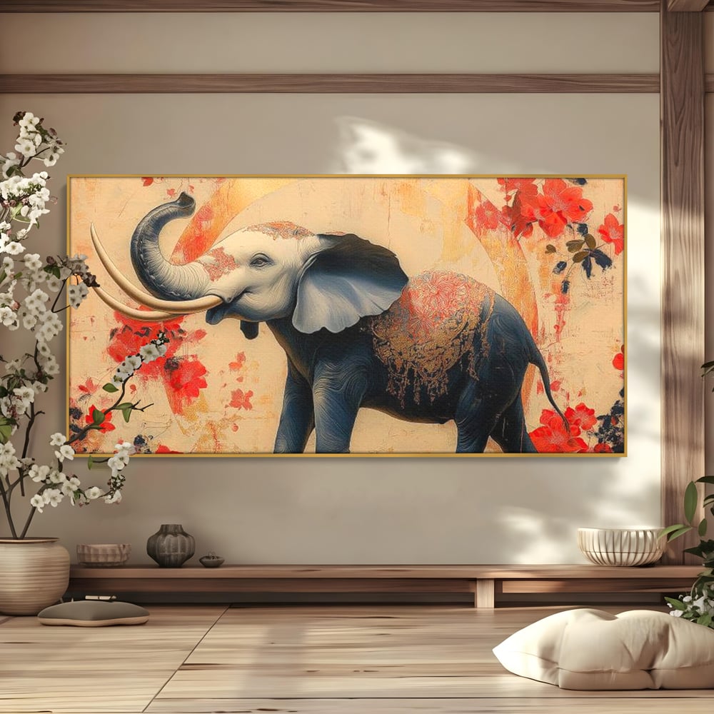 Tablou canvas cu tablou canvas cu elefant albastru, in rama de aluminiu auriu